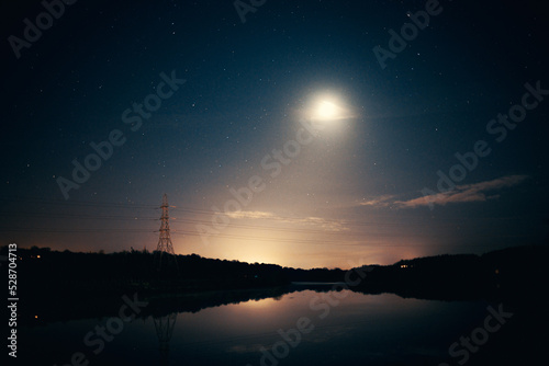 Newburn UK: 6th march 2022: Newburn Riverside at night electric pylons, full moon and still river with warm glowing industrial light photo