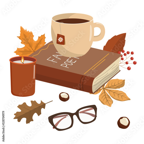 Cozy autumn composition with a book, hot coffee or tea, glasses, and a candle. Isolated on white background. Vector hand drawn illustration.