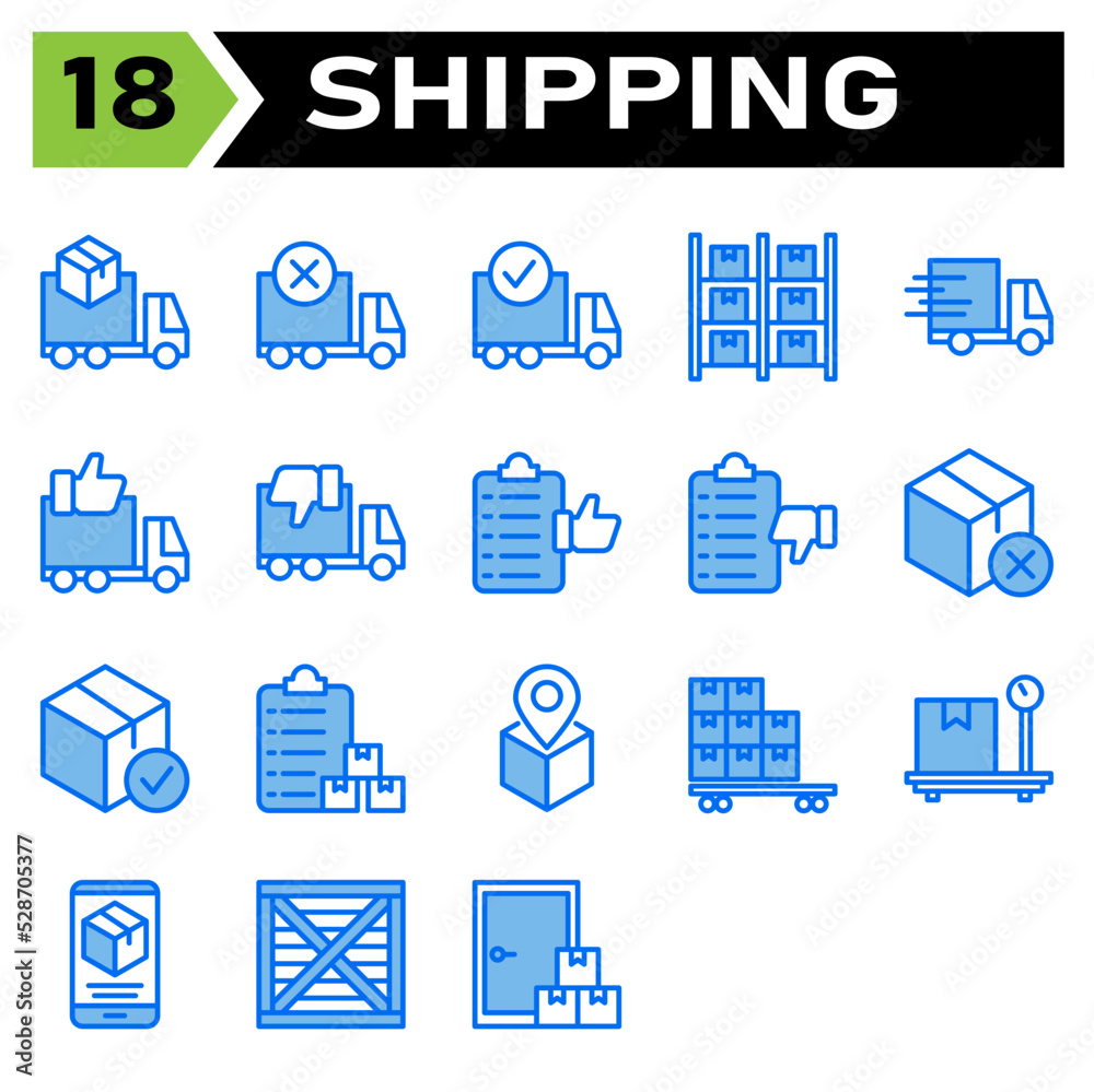 Shipping and logistic icon set include truck, delivery, shipping, box, order, canceled, complete, logistic, storage, warehouse, inventory, shelf, express, fast, urgent, like, dislike, list