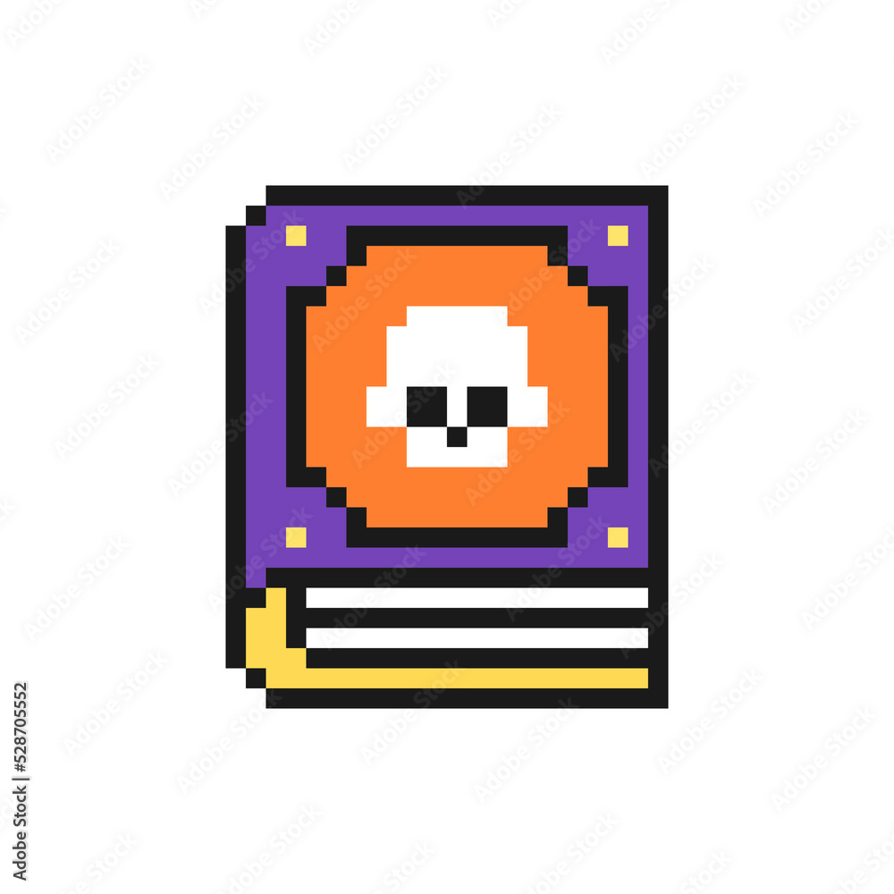 Magic book halloween icon in pixel art design isolated on white background. Witch book with spells vector sign symbol.