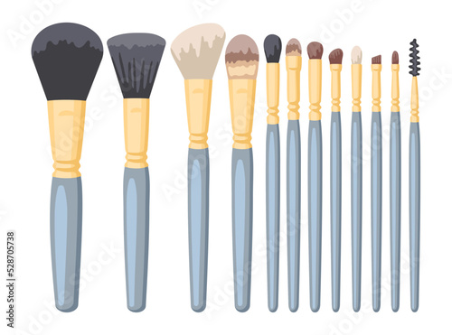 Different makeup brushes vector illustrations set. Collection of designs of cosmetic tools for face paint, eyes and eyebrows isolated on white background. Beauty, makeup, cosmetology concept