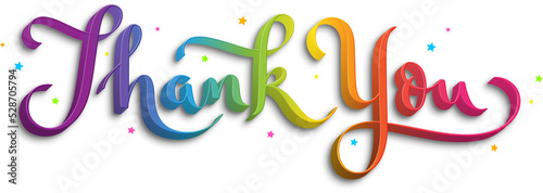 THANK YOU colorful brush calligraphy banner with stars on transparent background