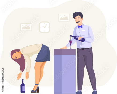 Bartender pouring wine into glass while girl going to pick up bottle from floor. Beautiful girl seducing man at party. Man looking at female colleague bending down of wine flat vector