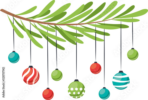 Christmas fir tree branch with hanging colored balls. Pine tree twig and glass baubles. Christmas and New Year winter holidays decoration for party invitation, banner, greeting card cartoon vector