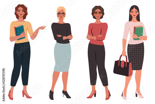 Set of сonfident beautiful young women. School or college teacher, office worker, successful businesswoman. Female flat character. Education, study, business concept. Vector cartoon illustration