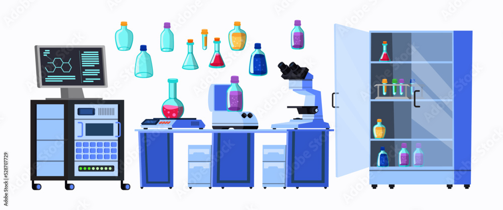 Science Lab Switch Drawing Science lab equipment elements vector illustrations set. Cartoon ...