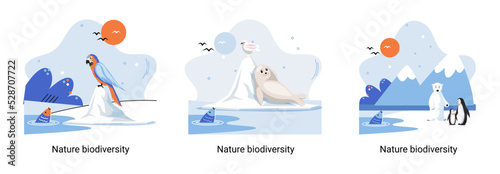 Biodiversity in nature as environment variety of life on Earth planet. Saving wildlife ecosystem metaphor. Protection and care of flora and fauna, eco friendly human activity, many biological species