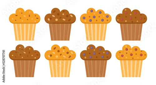 Set of muffins color vector icons with chocolate and berry. Flat cupcakes illustration. Cake desserts design.