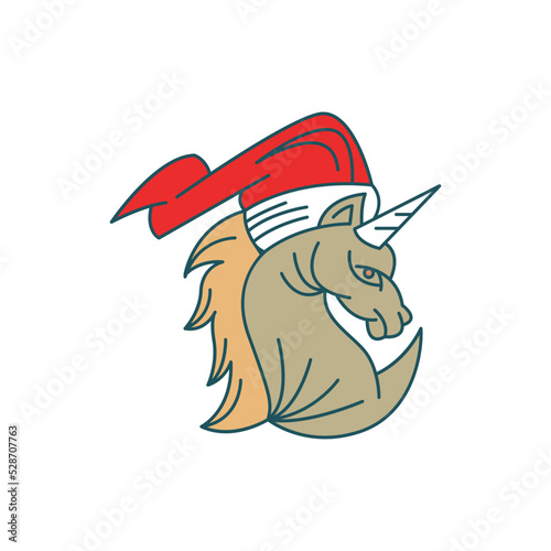 Unicorn with christmas hat, logo design vector illustration.
