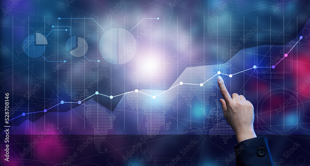 Holographic chart with rising rates and indicators. Business growth concept, high profitability Holographic chart with rising rates and indicators. Business growth concept, high profitability