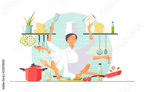 female professional chef cooking food in kitchen of restaurant. A young woman rolls out the pastry in the kitchen. Preparation baking or pasta. Kitchen utensils, spices and sauces, ingredients. Vector