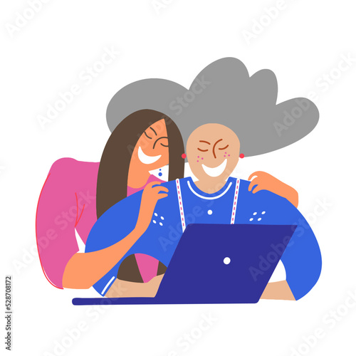 A girl, daughter, granddaughter helps an elderly woman understand the computer. An old lady sits at a desk and learns to work on a laptop. The concept of generational communication. Vector graphics