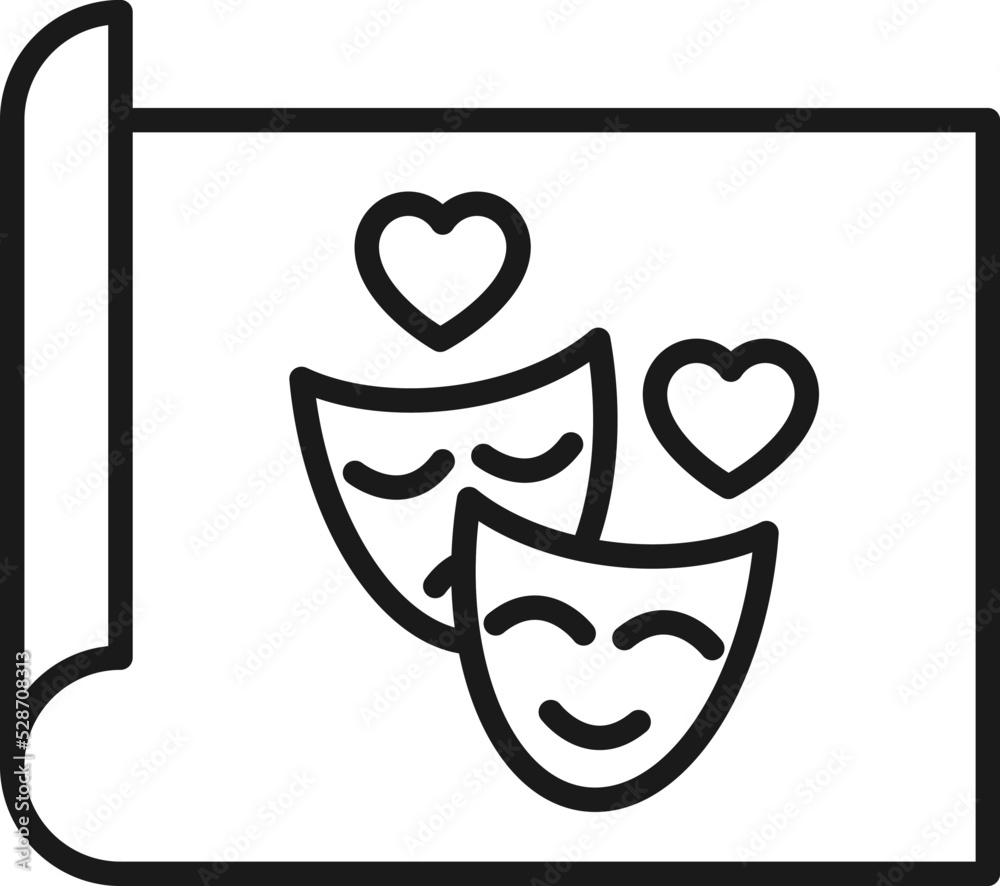 Art, picture, image concept. Simple monochrome isolated sign. Editable stroke. Vector line icon of hearts over theatrical mask on paper sheet Art, picture, image concept. Simple monochrome isolated sign. Editable stroke. Vector line icon of hearts over theatrical mask on paper sheet