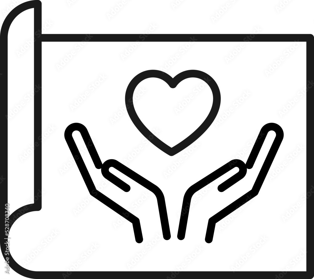 Art, picture, image concept. Simple monochrome isolated sign. Editable stroke. Vector line icon of heart over outstretched hands on paper sheet