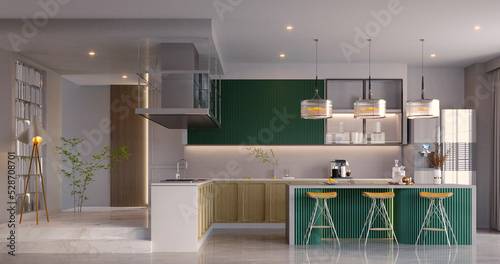 3d rendering,3d illustration, Interior Scene and  Mockup,  modern kitchen and dining room,wood and green kitchen.