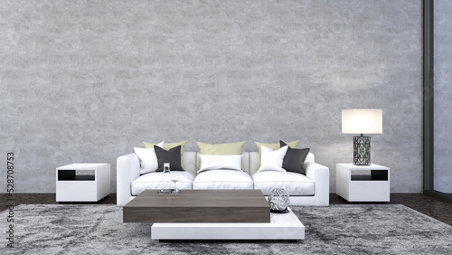 Mock up room of modern luxury white sofa set on dark brown stone floor, white side-tables with lampshade, modern wood-white coffee table with blank concrete wall.  3D illustration.