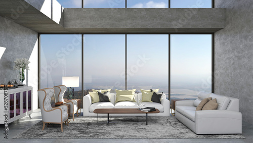 High ceiling room with modern classic furniture set. Modern classic furniture combines with modern architecture room represent feeling of modern luxury living area. 3D Illustration.