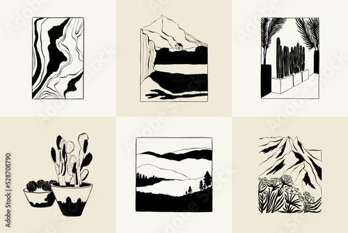 Abstract landscape interior contemporary minimal aesthetic. Hand drawn linear illustrations for wall decoration, postcards or brochures, cover design, stories, social media, app design.