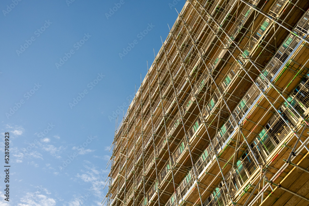 Newcastle UK: 17th Nov 2021: Scaffolding on multi-storey building with copy space Newcastle UK: 17th Nov 2021: Scaffolding on multi-storey building with copy space
