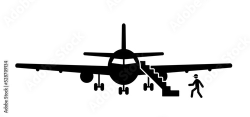 Passenger walking to the aircraft stairs for vacation, holliday. Soaring air plane line path. Take Off airplane, flight route. Vector aircraft sign. Travel pointer navigation.  Landing strip. Runway