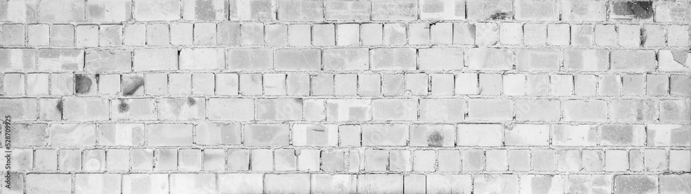 Fototapeta premium White gray light damaged rustic brick wall brickwork stonework masonry texture background banner panorama pattern