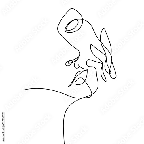 Continuous one line woman think about something holding her hand to her chin. Vector stock illustration.