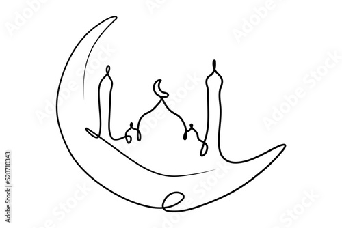 continuous single drawn one line by Ramadan Mosque in the month hand drawn picture silhouette. Line art.