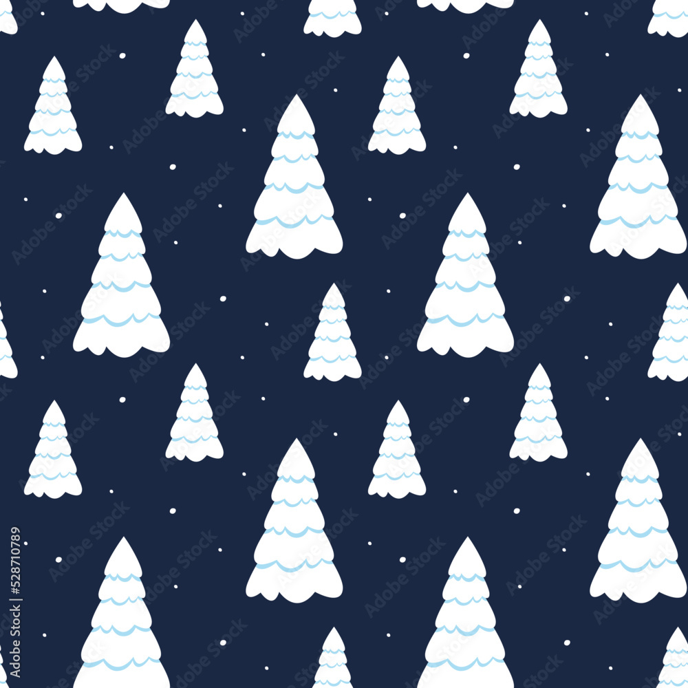 Winter snovy fir tree forest seamless pattern. Dark blue background for wrapping paper, banners, web design, scrapbooking