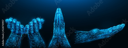 Abstract vector illustration of hand gestures, pleading, giving hand, cupped palms together on a dark blue background. Hand gesture set in polygonal style.