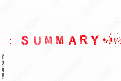 Fényképezés Red color ink rubber stamp in word summary on white paper background