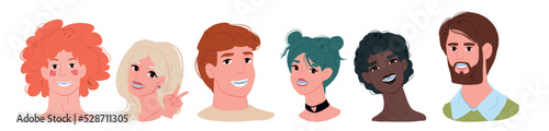A set of people of different genders and types with a smile with braces, cartoon style portraits. Oral healthcare with mouthwash for plaque prevention and fresh breath.