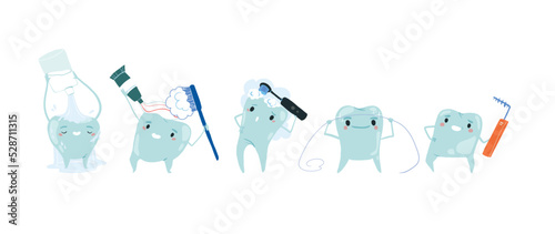 Cartoon teeth set. Clean teeth with mouthwash in flat design. Smiling teeth cartoon dental care. Oral healthcare with mouthwash for plaque prevention and fresh breath.