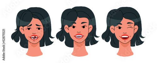 girl before and after, with an ugly smile and even white teeth. Clean teeth with mouthwash in flat design. Smiling teeth cartoon dental care. Oral healthcare with mouthwash for plaque prevention 
