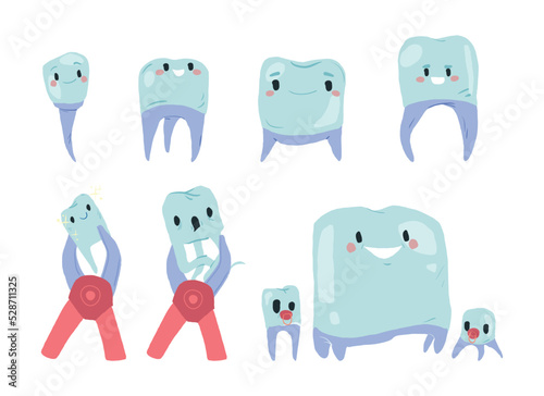 Set of cartoon different teeth with mouthwash in flat design. Smiling teeth cartoon dental care. Oral healthcare with mouthwash for plaque prevention and fresh breath.