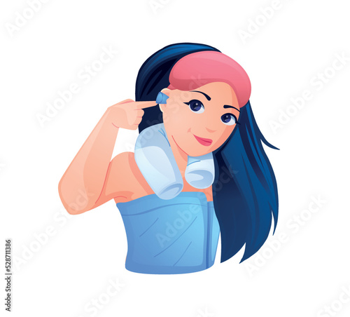 Earplugs and ear and girl at night in bed. Ear plug sign. Noise symbol. Sleeping quality concept. Turquoise square button. Vector