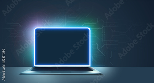 A portable neon computer with a blank screen and a desk in a dark room with blue lighting. Technological background with a laptop. Vector illustration
