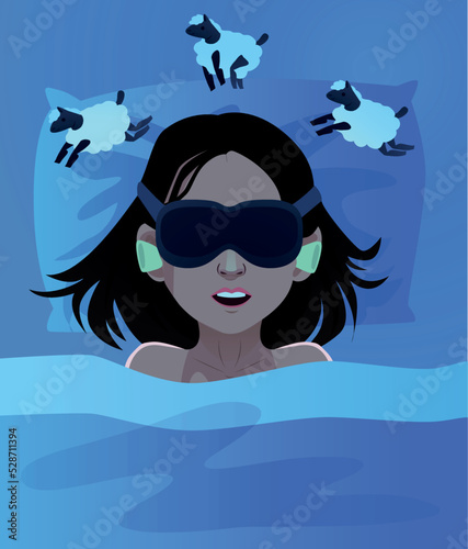 Earplugs and ear and girl at night in bed. Ear plug sign. Noise symbol. Sleeping quality concept. Turquoise square button. Vector
