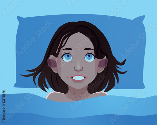 Earplugs and ear and girl at night in bed. Ear plug sign. Noise symbol. Sleeping quality concept. Turquoise square button. Vector