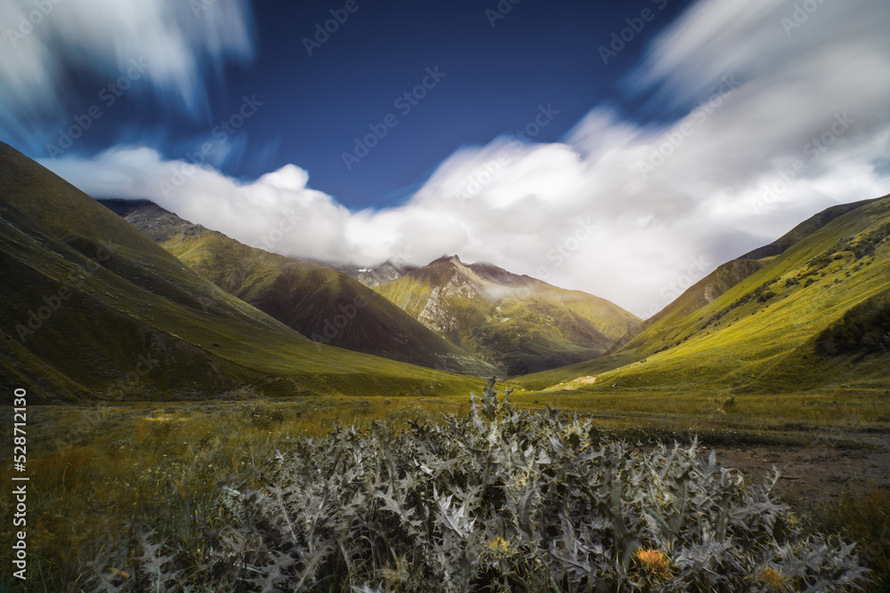 Mountain valley near Stepantsminda, Georgia. Long exposure.