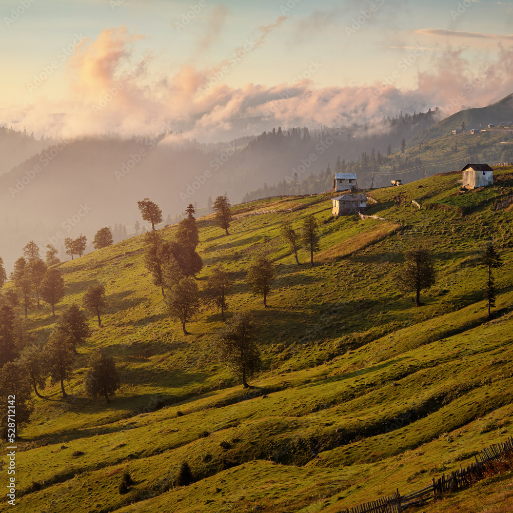 Rural mountain lanscape at sunset, Adjara, Georgia