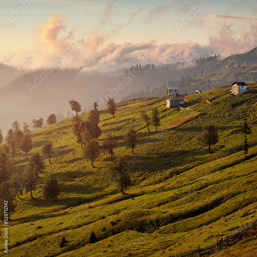 Obraz na płótnie Rural mountain lanscape at sunset, Adjara, Georgia w salonie