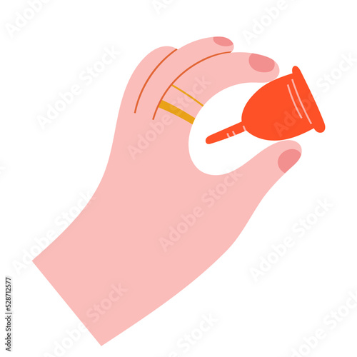Menstrual cup in hand, woman holding in hand a silicone rubber menstrual cup for periods, zero waste product for women's periods, hand drawn vector illustration isolated on white background