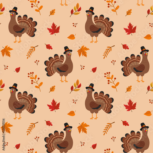Seamless vector pattern with turkey and autumn leaves. Texture for fabric, wallpaper, apparel, wrapping. Happy Thanksgiving.