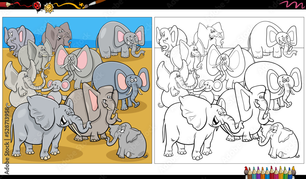 cartoon elephants wild animal characters group coloring page