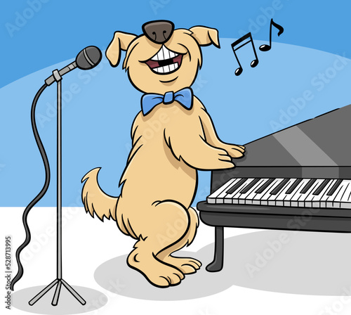 cartoon dog comic animal character singing at the piano