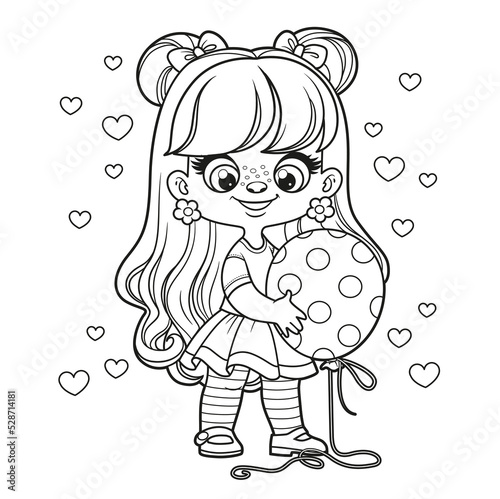 Cute cartoon longhaired girl with a big polka dot balloon in hands outlined for coloring page on white background
