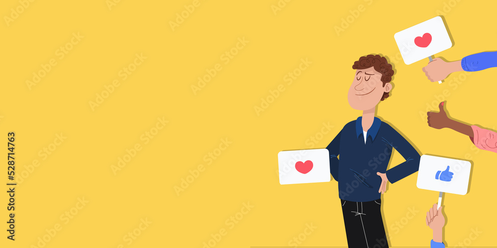 Cartoon character celebrity pose with heart and thumbs like and share icons on yellow background with copy space.