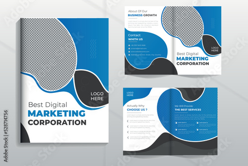 Bi fold brochure flyer design. Business template for Bi fold flyer with modern circle photo and abstract background Creative two folded flyer or brochure concept.