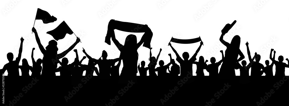 Cheerful people having fun celebrating. Soccer fans crowd silhouette, party and holiday. Soccer and sport fans crowd silhouette - obrazy, fototapety, plakaty 