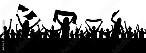 Cheerful people having fun celebrating. Soccer fans crowd silhouette, party and holiday. Soccer and sport fans crowd silhouette